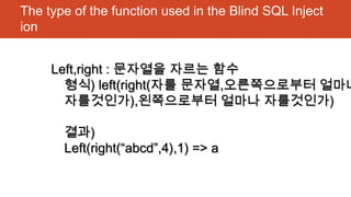 The type of the function used in the Blind SQL Inject
ion
Left,right : 문자열을 자르는 함수
형식) left(right(자를 문자열,오른쪽으로부터 얼마나
자를것인가),왼쪽으로부터 얼마나 자를것인가)
결과)
Left(right(“abcd”,4),1) => a
 