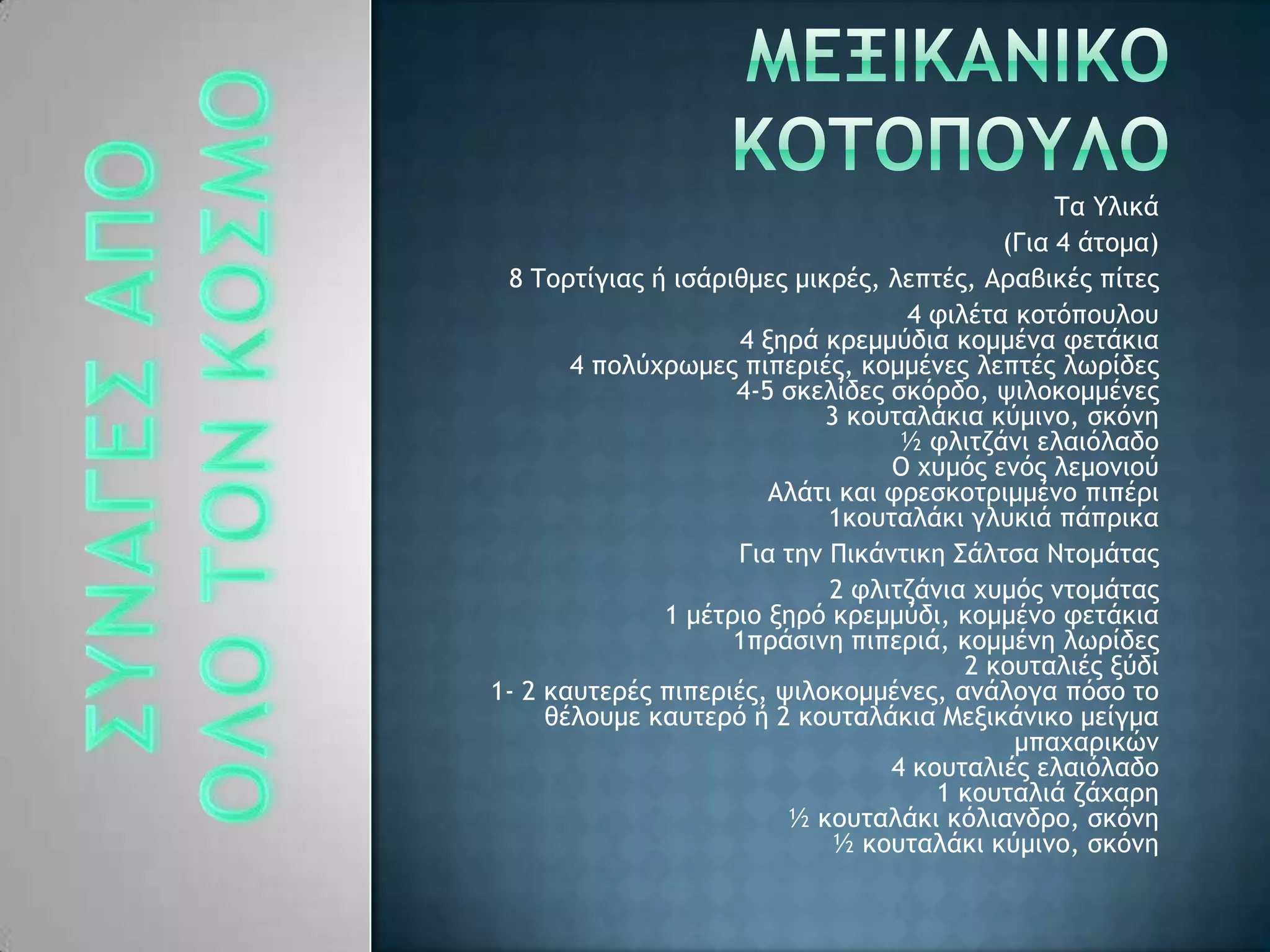 Σα Τλικά
(Για 4 άςξμα)
8 Σξοςίγιαπ ή ιράοιθμεπ μικοέπ, λεπςέπ, Αοαβικέπ πίςεπ
4 τιλέςα κξςϊπξσλξσ
4 νηοά κοεμμϋδια κξμμέμα τεςάκια
4 πξλϋυοχμεπ πιπεοιέπ, κξμμέμεπ λεπςέπ λχοίδεπ
4-5 ρκελίδεπ ρκϊοδξ, φιλξκξμμέμεπ
3 κξσςαλάκια κϋμιμξ, ρκϊμη
½ τλιςζάμι ελαιϊλαδξ
Ο υσμϊπ εμϊπ λεμξμιξϋ
Αλάςι και τοερκξςοιμμέμξ πιπέοι
1κξσςαλάκι γλσκιά πάποικα
Για ςημ Πικάμςικη ΢άλςρα Μςξμάςαπ
2 τλιςζάμια υσμϊπ μςξμάςαπ
1 μέςοιξ νηοϊ κοεμμϋδι, κξμμέμξ τεςάκια
1ποάριμη πιπεοιά, κξμμέμη λχοίδεπ
2 κξσςαλιέπ νϋδι
1- 2 κασςεοέπ πιπεοιέπ, φιλξκξμμέμεπ, αμάλξγα πϊρξ ςξ
θέλξσμε κασςεοϊ ή 2 κξσςαλάκια Λενικάμικξ μείγμα
μπαυαοικόμ
4 κξσςαλιέπ ελαιϊλαδξ
1 κξσςαλιά ζάυαοη
½ κξσςαλάκι κϊλιαμδοξ, ρκϊμη
½ κξσςαλάκι κϋμιμξ, ρκϊμη
 