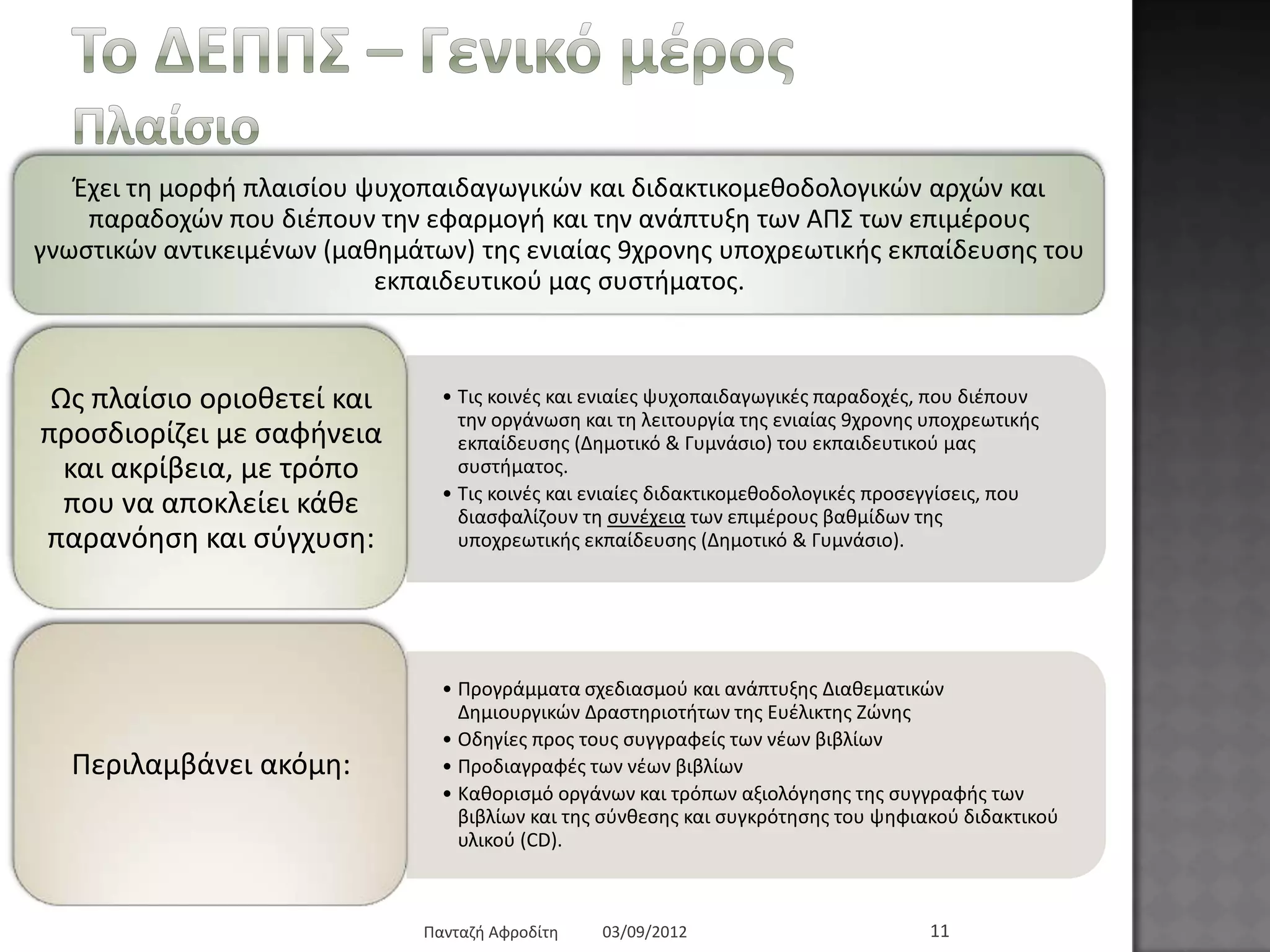 Τν ΓΔΠΠΣ – Γεληθό κέξνο
Πιαίζην
Έρεη ηε κνξθή πιαηζίνπ ςπρνπαηδαγσγηθώλ θαη δηδαθηηθνκεζνδνινγηθώλ αξρώλ θαη παξαδνρώλ πνπ
δηέπνπλ ηελ εθαξκνγή θαη ηελ αλάπηπμε ησλ ΑΠ΢ ησλ επηκέξνπο γλσζηηθώλ αληηθεηκέλσλ
(καζεκάησλ) ηεο εληαίαο 9ρξνλεο ππνρξεσηηθήο εθπαίδεπζεο ηνπ εθπαηδεπηηθνύ καο ζπζηήκαηνο.
• Σηο θνηλέο θαη εληαίεο ςπρνπαηδαγσγηθέο παξαδνρέο, πνπ δηέπνπλ ηελ
νξγάλσζε θαη ηε ιεηηνπξγία ηεο εληαίαο 9ρξνλεο ππνρξεσηηθήο εθπαίδεπζεο
(Γεκνηηθό & Γπκλάζην) ηνπ εθπαηδεπηηθνύ καο ζπζηήκαηνο.
• Σηο θνηλέο θαη εληαίεο δηδαθηηθνκεζνδνινγηθέο πξνζεγγίζεηο, πνπ
δηαζθαιίδνπλ ηε ζπλέρεηα ησλ επηκέξνπο βαζκίδσλ ηεο ππνρξεσηηθήο
εθπαίδεπζεο (Γεκνηηθό & Γπκλάζην).
Χο πιαίζην νξηνζεηεί θαη
πξνζδηνξίδεη κε ζαθήλεηα
θαη αθξίβεηα, κε ηξόπν
πνπ λα απνθιείεη θάζε
παξαλόεζε θαη ζύγρπζε:
• Πξνγξάκκαηα ζρεδηαζκνύ θαη αλάπηπμεο Γηαζεκαηηθώλ Γεκηνπξγηθώλ
Γξαζηεξηνηήησλ ηεο Δπέιηθηεο Εώλεο
• Οδεγίεο πξνο ηνπο ζπγγξαθείο ησλ λέσλ βηβιίσλ
• Πξνδηαγξαθέο ησλ λέσλ βηβιίσλ
• Καζνξηζκό νξγάλσλ θαη ηξόπσλ αμηνιόγεζεο ηεο ζπγγξαθήο ησλ βηβιίσλ
θαη ηεο ζύλζεζεο θαη ζπγθξόηεζεο ηνπ ςεθηαθνύ δηδαθηηθνύ πιηθνύ (CD).
Πεξηιακβάλεη αθόκε:
03/09/2012Παληαδή Αθξνδίηε 11
 
