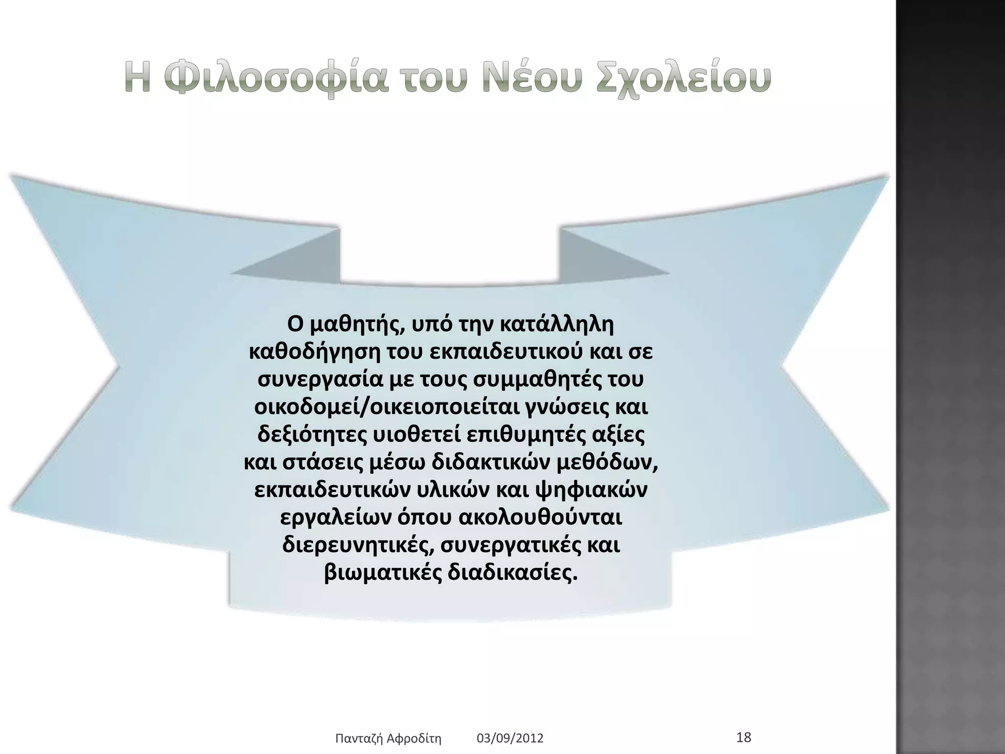 Η Φηινζνθία ηνπ Νένπ Σρνιείνπ
Ο καζεηήο, ππό ηελ θαηάιιειε
θαζνδήγεζε ηνπ εθπαηδεπηηθνύ θαη ζε
ζπλεξγαζία κε ηνπο ζπκκαζεηέο ηνπ
νηθνδνκεί/νηθεηνπνηείηαη γλώζεηο θαη
δεμηόηεηεο πηνζεηεί επηζπκεηέο αμίεο θαη
ζηάζεηο κέζσ δηδαθηηθώλ κεζόδσλ,
εθπαηδεπηηθώλ πιηθώλ θαη ςεθηαθώλ
εξγαιείσλ όπνπ αθνινπζνύληαη
δηεξεπλεηηθέο, ζπλεξγαηηθέο θαη
βησκαηηθέο δηαδηθαζίεο.
03/09/2012Παληαδή Αθξνδίηε 18
 