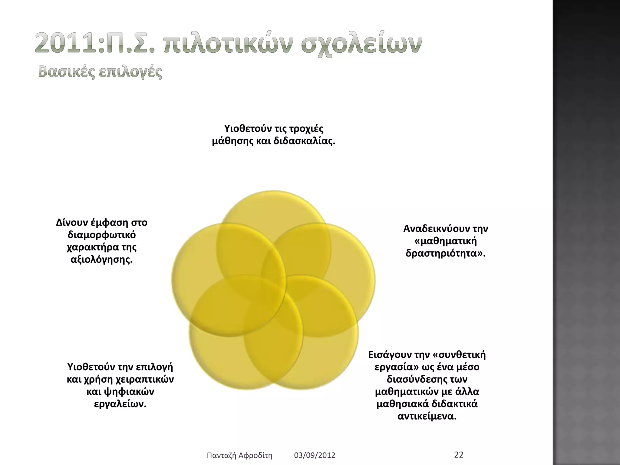 2011:Π.Σ. πηινηηθώλ ζρνιείσλ
Βαζηθέο επηινγέο
Υηνζεηνύλ ηηο ηξνρηέο
κάζεζεο θαη δηδαζθαιίαο.
Αλαδεηθλύνπλ ηελ
«καζεκαηηθή
δξαζηεξηόηεηα».
Δηζάγνπλ ηελ «ζπλζεηηθή
εξγαζία» σο έλα κέζν
δηαζύλδεζεο ησλ
καζεκαηηθώλ κε άιια
καζεζηαθά δηδαθηηθά
αληηθείκελα.
Υηνζεηνύλ ηελ επηινγή
θαη ρξήζε ρεηξαπηηθώλ
θαη ςεθηαθώλ εξγαιείσλ.
Γίλνπλ έκθαζε ζην
δηακνξθσηηθό
ραξαθηήξα ηεο
αμηνιόγεζεο.
03/09/2012Παληαδή Αθξνδίηε 22
 
