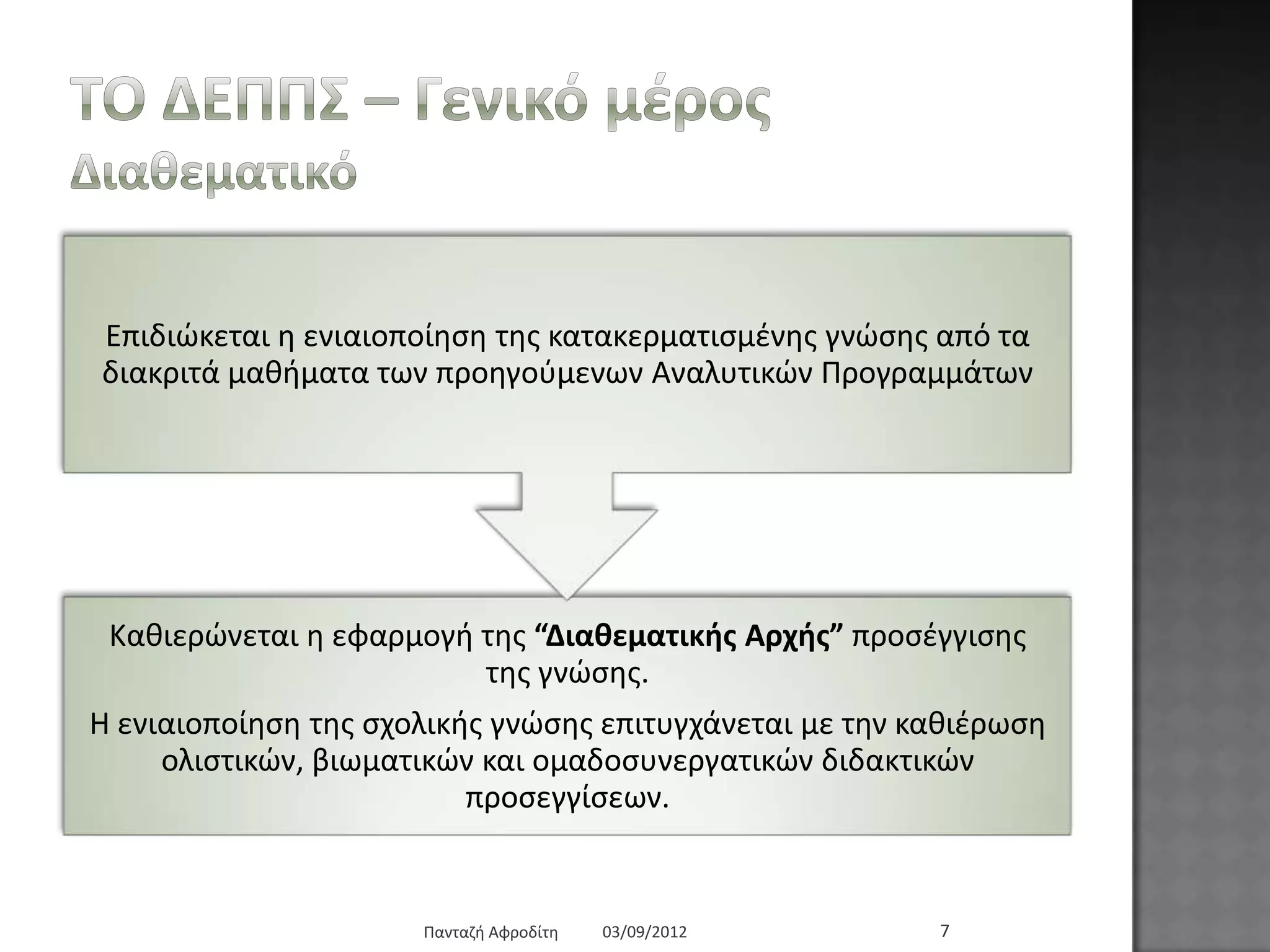 Τν ΓΔΠΠΣ – Γεληθό κέξνο
Γηαζεκαηηθό
Καζηεξώλεηαη ε εθαξκνγή ηεο “Γηαζεκαηηθήο Αξρήο” πξνζέγγηζεο ηεο
γλώζεο.
Ζ εληαηνπνίεζε ηεο ζρνιηθήο γλώζεο επηηπγράλεηαη κε ηελ θαζηέξσζε
νιηζηηθώλ, βησκαηηθώλ θαη νκαδνζπλεξγαηηθώλ δηδαθηηθώλ
πξνζεγγίζεσλ.
Δπηδηώθεηαη ε εληαηνπνίεζε ηεο θαηαθεξκαηηζκέλεο γλώζεο από ηα
δηαθξηηά καζήκαηα ησλ πξνεγνύκελσλ Αλαιπηηθώλ Πξνγξακκάησλ
03/09/2012Παληαδή Αθξνδίηε 7
 