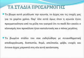 ΤΑ ΣΤΑΔΙΑ ΠΡΟΣΑΡΜΟΓΗΣ
Το βίωμα αυτό μεγάλωσε την αγωνία, το άγχος και τις ενοχές μας
για το χαμένο χρόνο. Παρ’ όλα αυτά όμως όταν η αγωνία έγινε
πραγματικότητα από τα χείλη του γιατρού ότι το παιδί δεν ακούει ο
κλονισμός που προκάλεσε ήταν καταλυτικός και ο πόνος μεγάλος.
Το βιωμένο στάδιο του σοκ εκδηλώθηκε με συναισθηματική
αποδιοργάνωση, δυσπιστία, θυμό, απελπισία, φόβο, ενοχές και
έντονο άγχος μπροστά στη νέα αυτή κατάσταση.
 