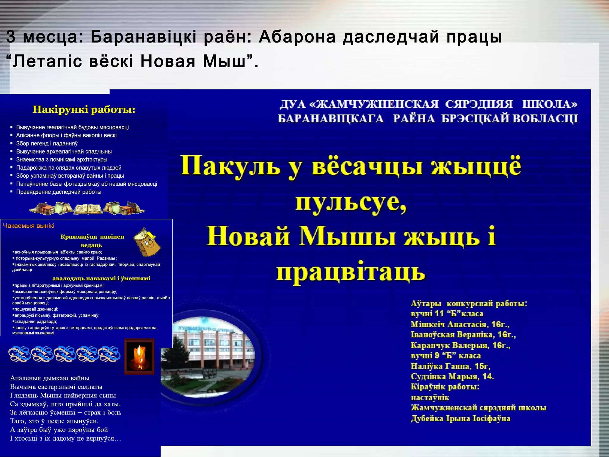 3 месца: Баранавіцкі раён: Абарона даследчай працы
“Летапіс вёскі Новая Мыш”.
 