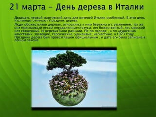 o Двадцать первый мартовский день для жителей Италии особенный. В этот день
итальянцы отмечают Праздник дерева.
o Люди обожествляли деревья, относились к ним бережно и с уважением, так же
они присваивали лесам определенные статусы: лес божественный, лес мирской
или священный. И деревья были разными. Не по породе , а по «душевным
качествам»: зловещие, героические, удачливые, несчастные. в 1923 году
Праздник дерева был провозглашен официальным , и дата его была записана в
лесном законе.
 