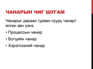 ЧАНАРЫН ЧИГ ШУГАМ
Чанарыг дараах гурван суурь чанарт
ялган авч үзнэ.
• Процессын чанар
• Бүтцийн чанар
• Хэрэглээний чанар
 
