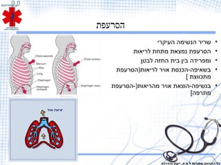 ‫הסרעפת‬
•‫העיקרי‬ ‫הנשימה‬ ‫שריר‬
•‫לריאות‬ ‫מתחת‬ ‫נמצאת‬ ‫הסרעפת‬
•‫לבטן‬ ‫החזה‬ ‫בית‬ ‫בין‬ ‫ומפרידה‬
•‫לריאות)הסרעפת‬ ‫אויר‬ ‫בשאיפה-הכנסת‬
[ ‫מתכווצת‬
•‫מהריאות)-הסרעפת‬ ‫אויר‬ ‫בנשיפה-הוצאת‬
[‫מתרפה‬
‫והדרכה‬ ‫ייעוץ‬ .‫מ.ק‬ ‫ל‬ ‫שמורות‬ ‫הזכויות‬ ‫כל‬
 