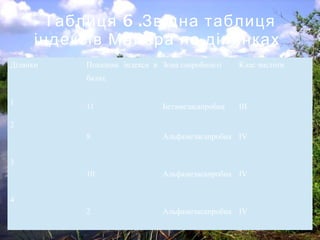 6 .Таблиця Звідна таблиця
індексів Майера по ділянках
Ділянки Показник індекса в
балах
Зона сапробності Клас чистоти
1
11 Бетамезасапробна ІII
2
8 Альфамезасапробна ІV
3
10 Альфамезасапробна ІV
4
2 Альфамезасапробна ІV
 
