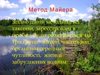 Метод Майера
 Згідно даній методиці, всі
таксони, зареєстровані в
пробах, були розділяються на
три групи- жителі чистих вод,
організми середньої
чутливості, жителі
забруднених водойм
 