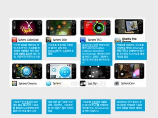 가장 기본 앱! 스피로 드라
이빙, 색바꾸기, 스피로관
련 새소식받기 등의 기능이
있음
스피로가 컨트롤러가 되어
색이 하나 제시되면 스피로
를 컬러Wheel방향에 맞게
돌려가며 색을 매치 시킴
스피로를 조종기로 사용하
여 즐기는 슈팅게임.
Rotate하거나 Tilt하여 조
종함
공끼리 부딛치면 색이 바뀌는
메카니즘 (Innovative
collision detection
technology) 여러명이 운전
을 하다가, 갑자기 그린에서
레드로 바뀐 공을 Hit하는 방
식
단순한 파티용 게임으로 색
이 계속 바뀌는 스피로를 게
임에서 지정해준 색이 되었
을때 재빨리 집으면 되는 게
임. 순발력과 색감이 요구됨
스피로를 조종기로 사용하
다 당신의 Fish를 조정하며
먹이를 먹고, Shadowfish
로 부터 도망다님
아이폰이나 안드로이드 폰
에 내장된 카메라로 스피로
와의 경험을 비디오 레코딩
카메라를 이용하여 스피로를
가상현실 캐릭터 Sharky로
변화 시키고 이캐릭터에 음식
을 주는등의 Activity를 통해
게임을 즐김
 