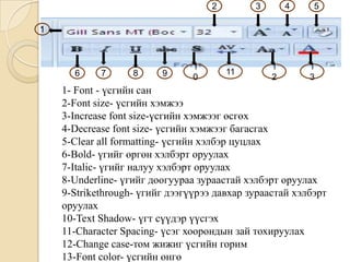 1- Font - үсгийн сан
2-Font size- үсгийн хэмжээ
3-Increase font size-үсгийн хэмжээг өсгөх
4-Decrease font size- үсгийн хэмжээг багасгах
5-Clear all formatting- үсгийн хэлбэр цуцлах
6-Bold- үгийг өргөн хэлбэрт оруулах
7-Italic- үгийг налуу хэлбэрт оруулах
8-Underline- үгийг доогуураа зураастай хэлбэрт оруулах
9-Strikethrough- үгийг дээгүүрээ давхар зураастай хэлбэрт
оруулах
10-Text Shadow- үгт сүүдэр үүсгэх
11-Character Spacing- үсэг хоорондын зай тохируулах
12-Change case-том жижиг үсгийн горим
13-Font color- үсгийн өнгө
1
2 3 4 5
6 7 8 9
1
0
11
1
2
1
3
 