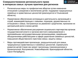 21
Совершенствование регионального права
в интересах семьи: лучшие практики для регионов
• Региональные меры по профилактике абортов путем изменения
отношения к рождению и воспитанию детей, поддержки традиционных
семейных и нравственных ценностей (реализуются в Ульяновской
области);
• Нормативное обеспечение интеграции в деятельность организаций и
служб, взаимодействующих с семьями, подходов, дружественных по
отношению к семье, построенных на уважении к родителям, признании их
центральной роли в жизни детей;
• Нормативное обеспечение расширения социального партнерства органов
государственной власти и органов местного самоуправления с
просемейными негосударственными организациями, семейными
объединениями работающими в сфере укрепления семейных ценностей,
повышения общественного престижа семьи, защиты семьи;
• Меры противодействия пропаганде, разрушительной для семьи,
традиционных нравственных и семейных ценностей, нормального
развития детей (такие как запрет пропаганды гомосексуализма в
Архангельской, Костромской, Новосибирской, Краснодарской областях,
Санкт-Петербурге).
 