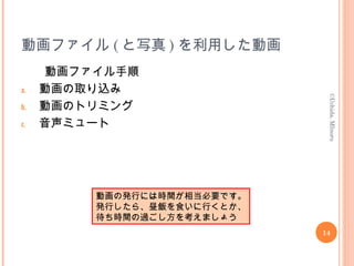 動画ファイル ( と写真 ) を利用した動画
動画ファイル手順
a. 動画の取り込み
b. 動画のトリミング
c. 音声ミュート
14
©Uchida,MInoru
動画の発行には時間が相当必要です。
発行したら、昼飯を食いに行くとか、
待ち時間の過ごし方を考えましょう
 