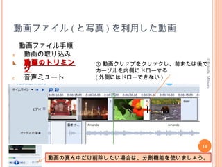 動画ファイル ( と写真 ) を利用した動画
動画ファイル手順
a. 動画の取り込み
b.b. 動画のトリミン動画のトリミン
ググ
c. 音声ミュート
16
©Uchida,MInoru
① 動画クリップをクリックし、前または後で
カーソルを内側にドローする
( 外側にはドローできない )
動画の真ん中だけ削除したい場合は、分割機能を使いましょう。
 