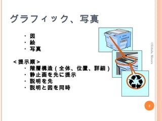 グラフィック、写真
　　　　　・図　　　　　・図
　　　　　・絵　　　　　・絵
　　　　　・写真　　　　　・写真
　　　＜提示順＞　　　＜提示順＞
　　　　　・階層構造（全体、位置、詳細）　　　　　・階層構造（全体、位置、詳細）
　　　　　・静止画を先に提示　　　　　・静止画を先に提示
　　　　　・説明を先　　　　　・説明を先
　　　　　・説明と図を同時　　　　　・説明と図を同時
©Uchida,Minoru
3
 