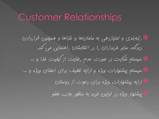 ِ‫رتث‬‫هاهاى‬ ِ‫ت‬ ‫اهتیاسدّی‬ ٍ ‫تٌذی‬‫لزاردادى‬ ‫ّوچٌیي‬ ٍ ‫غذاّا‬ ٍ ‫ّا‬
‫کٌذ‬ ‫هی‬ ‫راٌّوایی‬ ‫اًتخاتطاى‬ ‫در‬ ‫را‬ ‫خزیذاراى‬ ‫سایز‬ ،ُ‫دیذگا‬.
ٍ ‫غذا‬ ‫کیفیت‬ ‫اس‬ ‫رضایت‬ ‫عذم‬ ‫صَرت‬ ‫در‬ ‫ضکایت‬ ‫سیستن‬...
ٍ ُ‫ٍیژ‬ ‫پیطٌْادات‬ ‫سیستن‬ِ‫ارای‬ٍ ُ‫ٍیژ‬ ‫اعضای‬ ‫تزای‬ ‫تخفیف‬...
‫دٍستاى‬ ‫اس‬ ‫دعَت‬ ‫تزای‬ ُ‫ٍیژ‬ ‫پیطٌْادات‬ ِ‫ارای‬
َ‫عض‬ ‫جذب‬ ‫هٌظَر‬ ِ‫ت‬ ‫خزیذ‬ ‫اٍلیي‬ ‫در‬ ُ‫ٍیژ‬ ‫پیطٌْاد‬
 