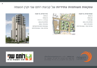 .9
.9
office@kerenhagshama.co.il : ‫דוא"ל‬ | ‫הגשמה‬ ‫קרן‬
09- 7468886 :‫טל‬ ‫סבא‬ ‫כפר‬ ,34 ‫ויצמן‬ ‫רחוב‬ :‫סבא‬ ‫כפר‬
03-6180050 :‫טל‬ ‫ברק‬ ‫בני‬ ,10 ‫וולפסון‬ ‫רחוב‬ :‫ברק‬ ‫בני‬
‫הגשמה‬ ‫וקרן‬ ‫שני‬ ‫רותם‬ ‫קבוצת‬ ‫של‬ ‫עתידיות‬ ‫משותפות‬ ‫עסקאות‬
‫תקווה‬ ‫גני‬ ,‫מגורים‬ ‫שכונת‬
‫בנינים‬ 3
‫קומות‬ 25
‫יח"ד‬ 293
2014 :‫בניה‬ ‫תחילת‬
2017 :‫בניה‬ ‫סיום‬
‫אדריכלים‬ ‫שהם‬ – ‫פוגל‬ :‫אדריכל‬
‫תקווה‬ ‫גני‬ ,‫מגורים‬ ‫בניני‬
‫בנינים‬ 2
‫קומות‬ 25
‫יח"ד‬ 77 - ‫ו‬ ‫יח"ד‬ 65
2014:‫בניה‬ ‫תחילת‬
2016 :‫בניה‬ ‫סיום‬
‫סירוב/קדימה‬ ‫וזכות‬ ‫קומבינציה‬
‫אדריכלים‬ ‫שהם‬ – ‫פוגל‬ :‫אדריכל‬
 
