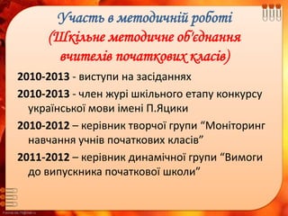 FokinaLida.75@mail.ru
Участь в методичній роботі
(Шкільне методичне об'єднання
вчителів початкових класів)
2010-2013 - виступи на засіданнях
2010-2013 - член журі шкільного етапу конкурсу
української мови імені П.Яцики
2010-2012 – керівник творчої групи “Моніторинг
навчання учнів початкових класів”
2011-2012 – керівник динамічної групи “Вимоги
до випускника початкової школи”
 