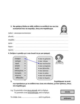 3. Να γράψεις δίπλα σε κάθε επίθετο το αντίθετό του και ένα
ουσιαστικό που να ταιριάζει, όπως στο παράδειγμα.
παλιό – καινούριο αυτοκίνητο
γλυκός - …………………………………………………………………………………………………………………………………………………………………………………………………
ακριβός - …………………………………………………………………………………………………………………………………………………………………………………………………
κρύα - …………………………………………………………………………………………………………………………………………………………………………………………………
άγριο - …………………………………………………………………………………………………………………………………………………………………………………………………
πρώτη - ……………………………………………………………………………………………………………………………………………………………………………………………………
4. Σκέψου τι μοιάζει με τι και ένωσέ τα με μια γραμμή.
5. Συμπλήρωσε τα κενά
των προτάσεων με το επίθετο που είναι στο πλαίσιο, με δύο τρόπους, όπως
στο παράδειγμα.
π.χ. Το μονοπάτι είναι πιο στενό από το δρόμο.
Το μονοπάτι είναι στενότερο από το δρόμο.
Το ελάφι είναι .................................... από τη χελώνα.
ελαφρύ •
σκληρό •
αργό •
απαλό •
ψηλό •
οπλισμένος •
πονηρός •
κίτρινος •
αθόρυβος
•
• σαν τη χελώνα
• σαν πέτρα
• σαν πούπουλο
• σαν κυπαρίσσι
• σαν βελούδο
• σαν αλεπού
• σαν τη γάτα
• σαν τον αστακό
• σαν το λεμόνι
στενός
γρήγορος
 