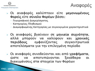  Οι αναφορές καλύπτουν είτε μεμονωμένους
Φορείς είτε σύνολο Φορέων βάσει:
◦ Γεωγραφικού Διαμερίσματος
◦ Κατηγορίας Πληθυσμού
◦ Διαμορφωμένης Κατηγορίας με συγκεκριμένα χαρακτηριστικά
 Οι αναφορές βγαίνουν σε μηνιαία συχνότητα,
αλλά μπορούν να καλύψουν και χρονικές
περιόδους εμφανίζοντας συγκεντρωτικά
αποτελέσματα για την επιλεγμένη περίοδο
 Οι αναφορές συνοδεύονται και από γραφήματα,
ώστε να αποτυπώνονται ξεκάθαρα οι
διακυμάνσεις στα στοιχεία των Φορέων
Αναφορές
ΥΠΕΣ / ΔΜΗΕΣ
 