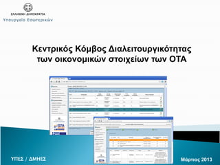 Κεντρικός Κόμβος Διαλειτουργικότητας
των οικονομικών στοιχείων των ΟΤΑ
ΥΠΕΣ / ΔΜΗΕΣ Μάρτιος 2013
 