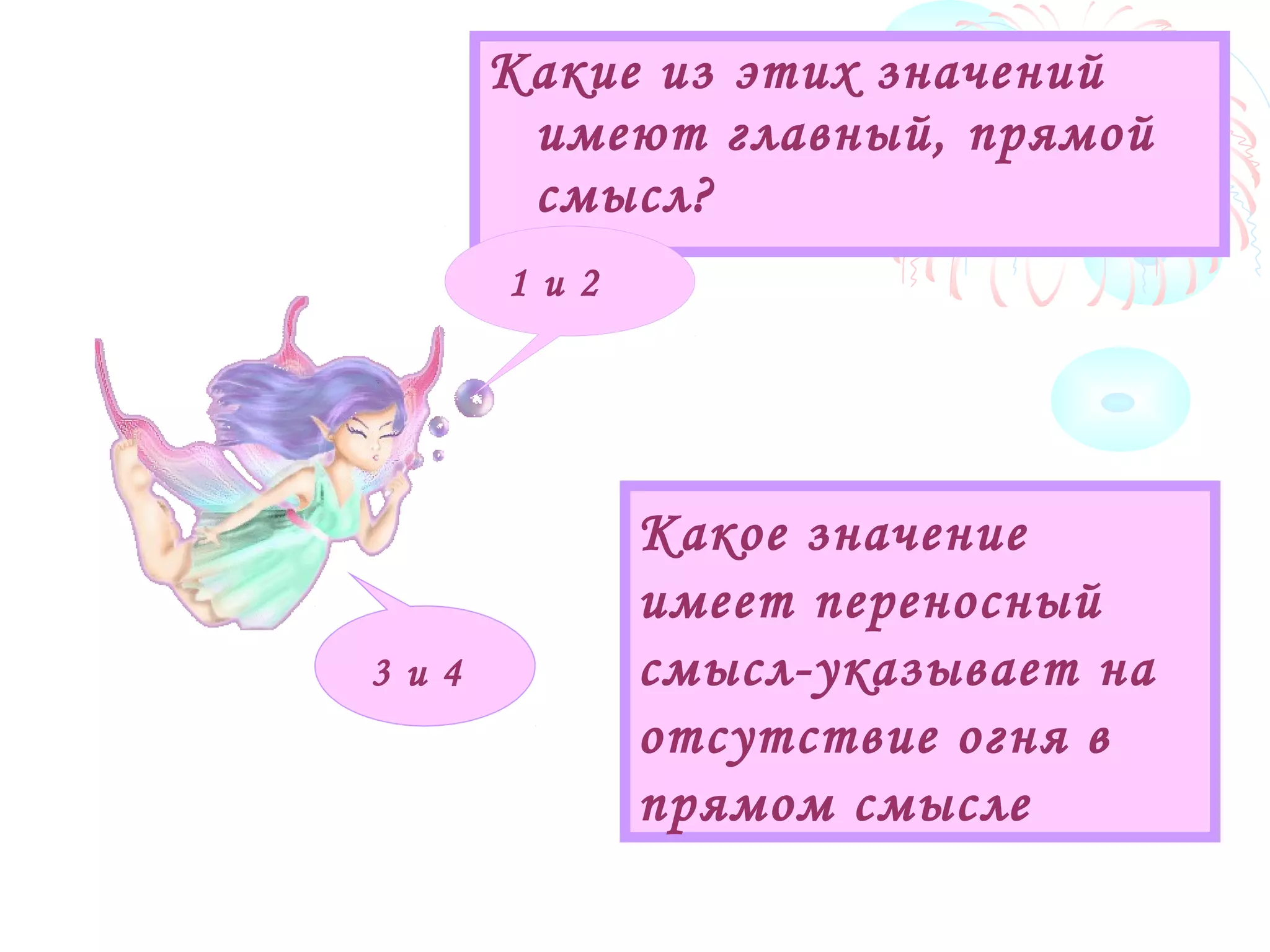 Какие из этих значений
имеют главный, прямой
смысл?
Какое значение
имеет переносный
смысл-указывает на
отсутствие огня в
прямом смысле
1 и 2
3 и 4
 