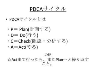 PDCA
? PDCAȤ
?P Plan(Ӌ)
?D Do(Ф)
?CCheck(_J?)
?AAct()

ActޤФä顢ޤPlanؤR귵
ȡ
 