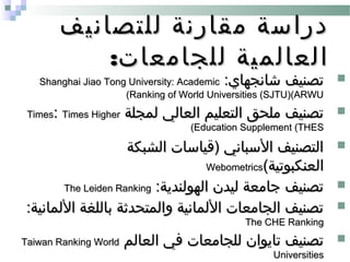 ‫للتصانيف‬ ‫مقارنة‬ ‫دراسة‬‫للتصانيف‬ ‫مقارنة‬ ‫دراسة‬
:‫للجامعات‬ ‫العالمية‬:‫للجامعات‬ ‫العالمية‬
:‫شانجهاي‬ ‫تصنيف‬:‫شانجهاي‬ ‫تصنيف‬Shanghai Jiao Tong University: AcademicShanghai Jiao Tong University: Academic
Ranking of World Universities (SJTU)(ARWURanking of World Universities (SJTU)(ARWU((
‫لمجلة‬ ‫العالي‬ ‫التعليم‬ ‫ملحق‬ ‫تصنيف‬‫لمجلة‬ ‫العالي‬ ‫التعليم‬ ‫ملحق‬ ‫تصنيف‬TimesTimes:: Times HigherTimes Higher
Education Supplement (THESEducation Supplement (THES((
‫الشبكة‬ ‫)قياسات‬ ‫السباني‬ ‫التصنيف‬‫الشبكة‬ ‫)قياسات‬ ‫السباني‬ ‫التصنيف‬
(‫العنكبوتية‬(‫العنكبوتية‬WebometricsWebometrics
:‫الهولندية‬ ‫ليدن‬ ‫جامعة‬ ‫تصنيف‬:‫الهولندية‬ ‫ليدن‬ ‫جامعة‬ ‫تصنيف‬The Leiden RankingThe Leiden Ranking
:‫اللمانية‬ ‫باللغة‬ ‫والمتحدثة‬ ‫اللمانية‬ ‫الجامعات‬ ‫تصنيف‬:‫اللمانية‬ ‫باللغة‬ ‫والمتحدثة‬ ‫اللمانية‬ ‫الجامعات‬ ‫تصنيف‬
The CHE RankingThe CHE Ranking
‫العالم‬ ‫في‬ ‫للجامعات‬ ‫تايوان‬ ‫تصنيف‬‫العالم‬ ‫في‬ ‫للجامعات‬ ‫تايوان‬ ‫تصنيف‬Taiwan Ranking WorldTaiwan Ranking World
UniversitiesUniversities
 