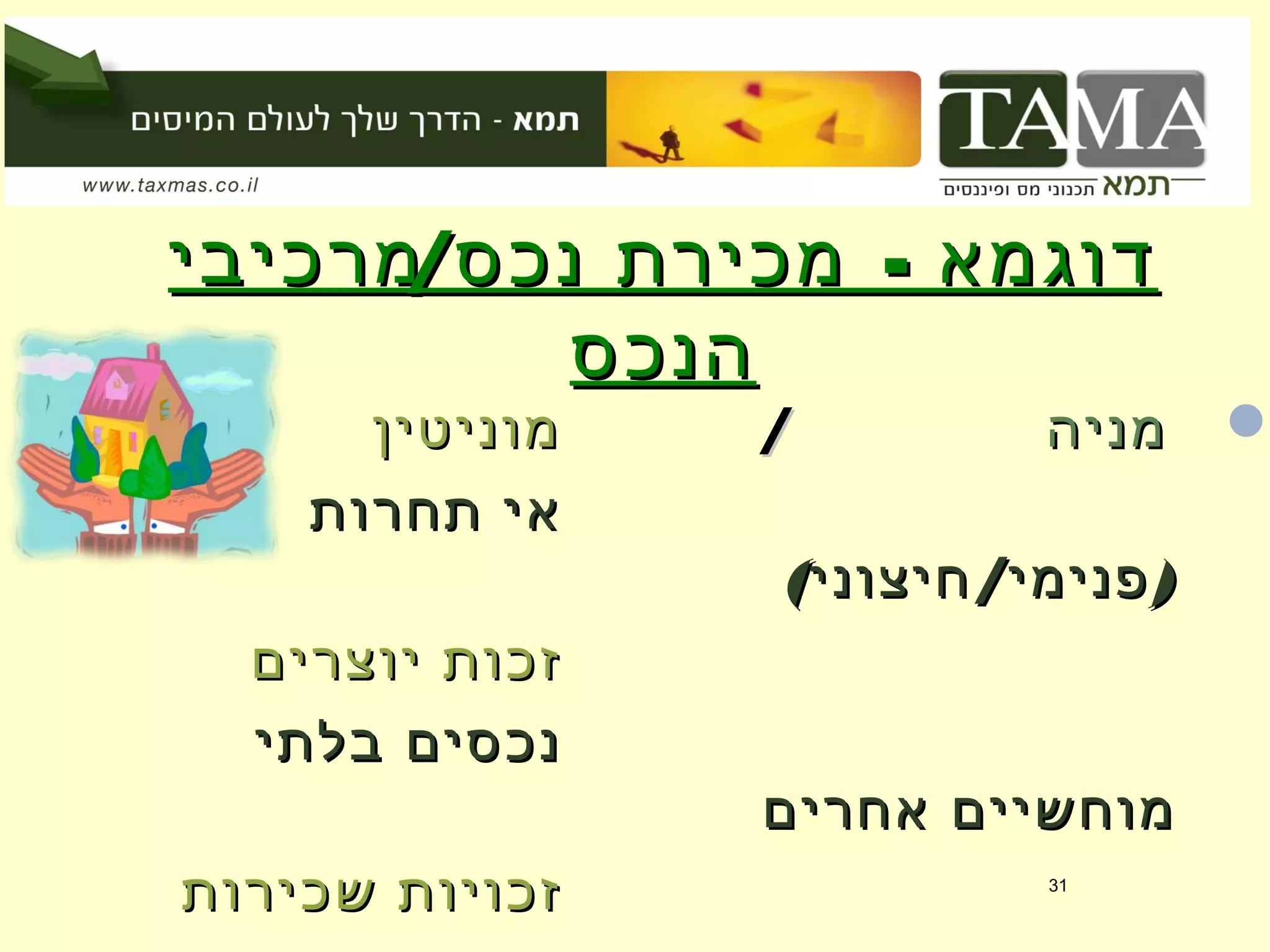 / -‫מרכיבי‬ ‫נכס‬ ‫מכירת‬ ‫דוגמא‬/ -‫מרכיבי‬ ‫נכס‬ ‫מכירת‬ ‫דוגמא‬
‫הנכס‬‫הנכס‬
‫מניה‬‫מניה‬//‫מוניטין‬‫מוניטין‬
‫תחרות‬ ‫אי‬‫תחרות‬ ‫אי‬
( / )‫חיצוני‬ ‫פנימי‬( / )‫חיצוני‬ ‫פנימי‬
‫יוצרים‬ ‫זכות‬‫יוצרים‬ ‫זכות‬
‫בלתי‬ ‫נכסים‬‫בלתי‬ ‫נכסים‬
‫אחרים‬ ‫מוחשיים‬‫אחרים‬ ‫מוחשיים‬
‫שכירות‬ ‫זכויות‬‫שכירות‬ ‫זכויות‬ 31
 