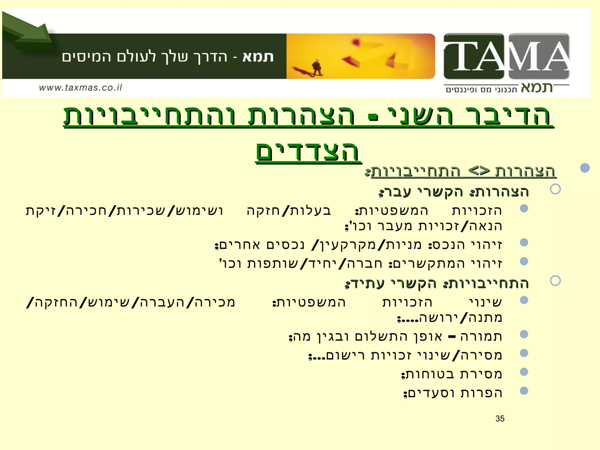 -‫והתחייבויות‬ ‫הצהרות‬ ‫השני‬ ‫הדיבר‬-‫והתחייבויות‬ ‫הצהרות‬ ‫השני‬ ‫הדיבר‬
‫הצדדים‬‫הצדדים‬ <>‫התחייבויות‬ ‫הצהרות‬<>‫התחייבויות‬ ‫הצהרות‬::
; :‫עבר‬ ‫הקשרי‬ ‫הצהרות‬; :‫עבר‬ ‫הקשרי‬ ‫הצהרות‬
/ / / / :‫זיקת‬ ‫חכירה‬ ‫שכירות‬ ‫ושימוש‬ ‫חזקה‬ ‫בעלות‬ ‫המשפטיות‬ ‫הזכויות‬
;' /‫וכו‬ ‫מעבר‬ ‫זכויות‬ ‫הנאה‬
; / / :‫אחרים‬ ‫נכסים‬ ‫מקרקעין‬ ‫מניות‬ ‫הנכס‬ ‫זיהוי‬
' / / :‫וכו‬ ‫שותפות‬ ‫יחיד‬ ‫חברה‬ ‫המתקשרים‬ ‫זיהוי‬
; :‫עתיד‬ ‫הקשרי‬ ‫התחייבויות‬; :‫עתיד‬ ‫הקשרי‬ ‫התחייבויות‬
/ / / / :‫החזקה‬ ‫שימוש‬ ‫העברה‬ ‫מכירה‬ ‫המשפטיות‬ ‫הזכויות‬ ‫שינוי‬
;.... /‫ירושה‬ ‫מתנה‬
; –‫מה‬ ‫ובגין‬ ‫התשלום‬ ‫אופן‬ ‫תמורה‬
;... /‫רישום‬ ‫זכויות‬ ‫שינוי‬ ‫מסירה‬
;‫בטוחות‬ ‫מסירת‬
;‫וסעדים‬ ‫הפרות‬
35
 