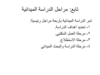 ‫تابع‬:‫الميدانية‬ ‫الدراسة‬ ‫مراحل‬
‫رئيسية‬ ‫مراحل‬ ‫بأربعة‬ ‫الميدانية‬ ‫الدراسة‬ ‫تمر‬:
1-‫الدراسة‬ ‫أهداف‬ ‫تحديد‬.
2-‫المكتبي‬ ‫العمل‬ ‫مرحلة‬.
3-‫االستطالع‬ ‫مرحلة‬.
4-‫الميداني‬ ‫والبحث‬ ‫الدراسة‬ ‫مرحلة‬
 