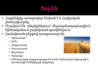  Հայրենիքը առաջավոր Ասիան է և Հայկական
լեռնաշխարհը
 Մշակում են 70երկրներում` մերձարևադարձային և
հիմնականում բարեխառն գոտիներում
 Համախառն բերքով առաջատար են.
▪ Չինաստան
▪ ԱՄՆ
▪ Հնդկաստան
▪ Ռուսաստան
▪ Ֆրանսիա
▪ Կանադա
▪ Ամենաբարձր բերքատվությունն ունեն Արևմտյան Եվրոպայի և
Հյուսիսային Ամերիկայի երկրները
 