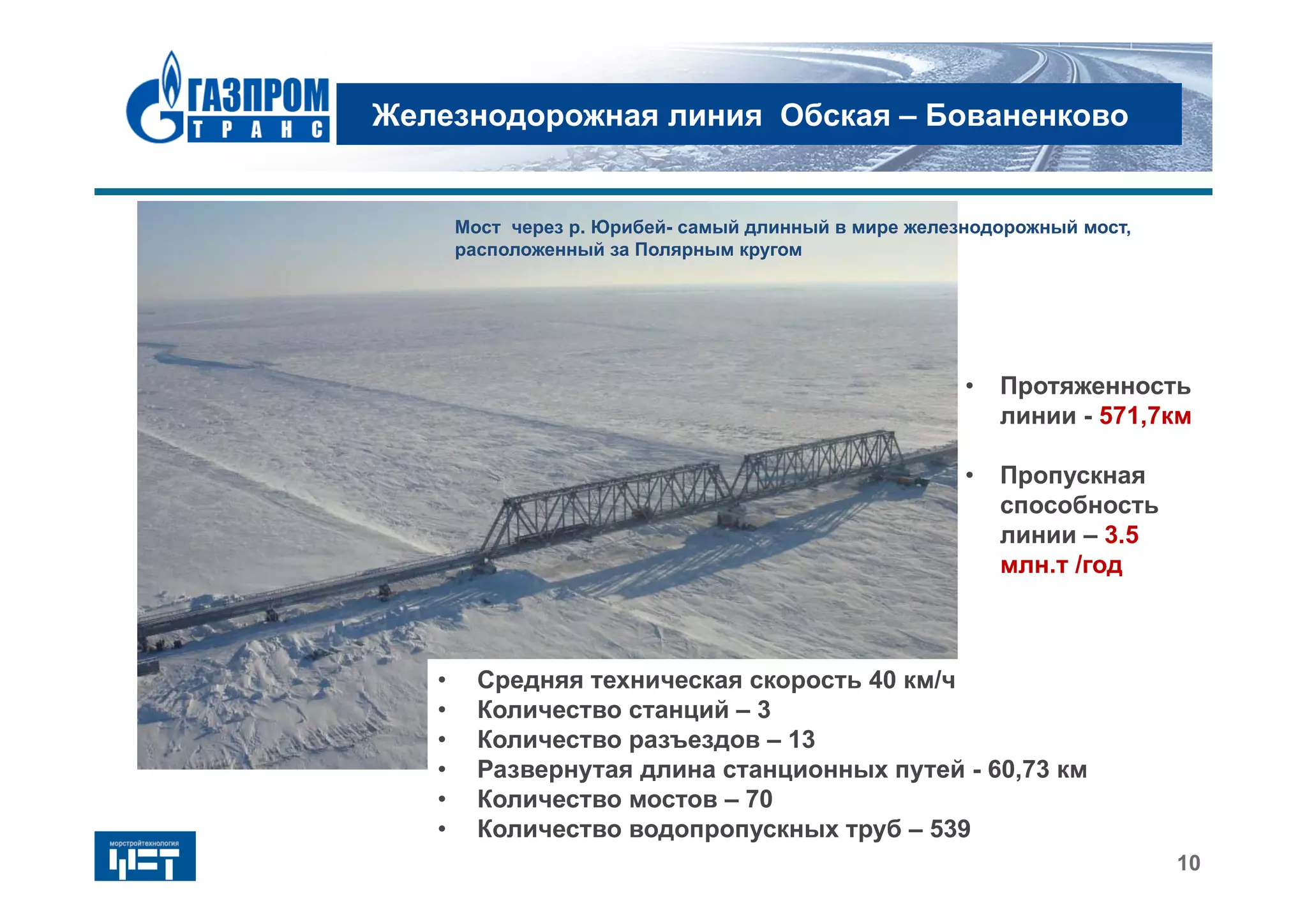 Железнодорожная линия Обская – Бованенково
10
• Протяженность
линии - 571,7км
• Пропускная
способность
линии – 3.5
млн.т /год
• Средняя техническая скорость 40 км/ч
• Количество станций – 3
• Количество разъездов – 13
• Развернутая длина станционных путей - 60,73 км
• Количество мостов – 70
• Количество водопропускных труб – 539
Мост через р. Юрибей- самый длинный в мире железнодорожный мост,
расположенный за Полярным кругом
 