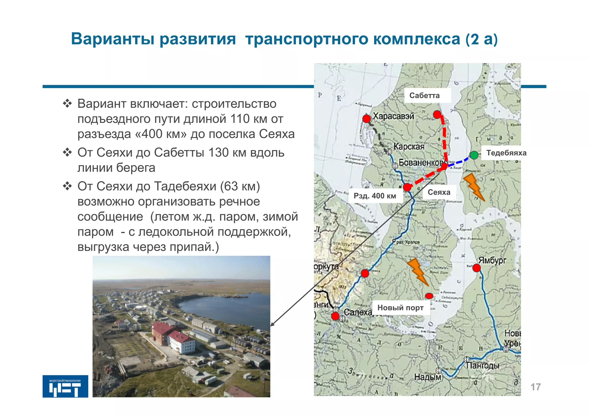 Варианты развития транспортного комплекса (2 а)
 Вариант включает: строительство
подъездного пути длиной 110 км от
разъезда «400 км» до поселка Сеяха
 От Сеяхи до Сабетты 130 км вдоль
линии берега
 От Сеяхи до Тадебеяхи (63 км)
возможно организовать речное
сообщение (летом ж.д. паром, зимой
паром - с ледокольной поддержкой,
выгрузка через припай.)
Сабетта
СеяхаРзд. 400 км
Тедебяяха
17
Новый порт
 