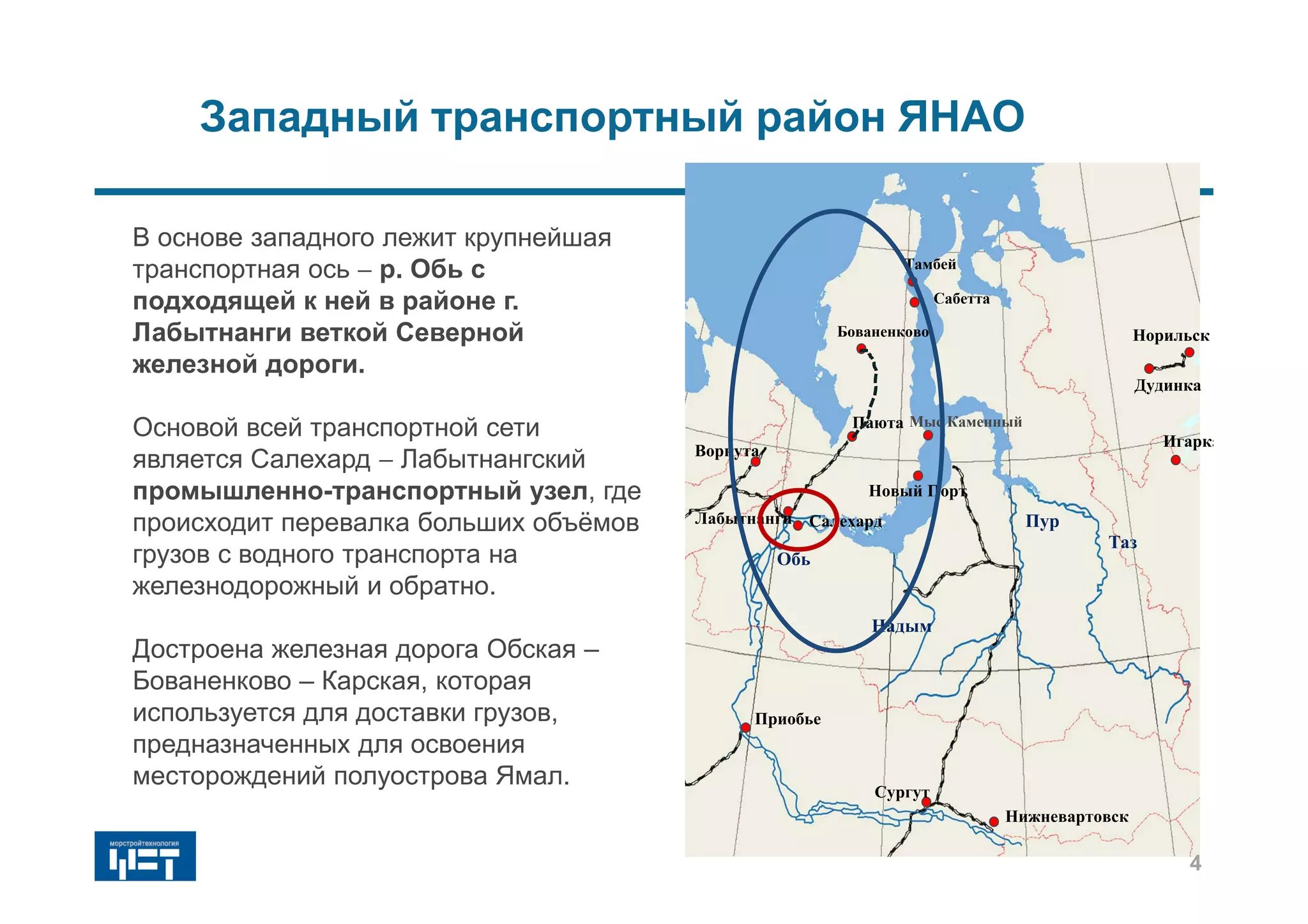 Западный транспортный район ЯНАО
В основе западного лежит крупнейшая
транспортная ось  р. Обь с
подходящей к ней в районе г.
Лабытнанги веткой Северной
железной дороги.
Основой всей транспортной сети
является Салехард  Лабытнангский
промышленно-транспортный узел, где
происходит перевалка больших объёмов
грузов с водного транспорта на
железнодорожный и обратно.
Достроена железная дорога Обская –
Бованенково – Карская, которая
используется для доставки грузов,
предназначенных для освоения
месторождений полуострова Ямал.
Надым
Обь
Пур
Таз
Норильск
Дудинка
Игарка
Салехард
Воркута
Лабытнанги
Приобье
Нижневартовск
Сургут
Паюта Мыс Каменный
Тамбей
Новый Порт
Бованенково
Сабетта
4
 