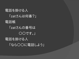 電話を掛ける人
「zatさんは何番？」
電話帳
「zatさんの番号は
　　　　　○○です。」
電話を掛ける人
「なら○○に電話しよう」
 