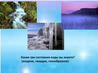 Какие три состояния воды вы знаете?
(жидкое, твердое, газообразное)
 