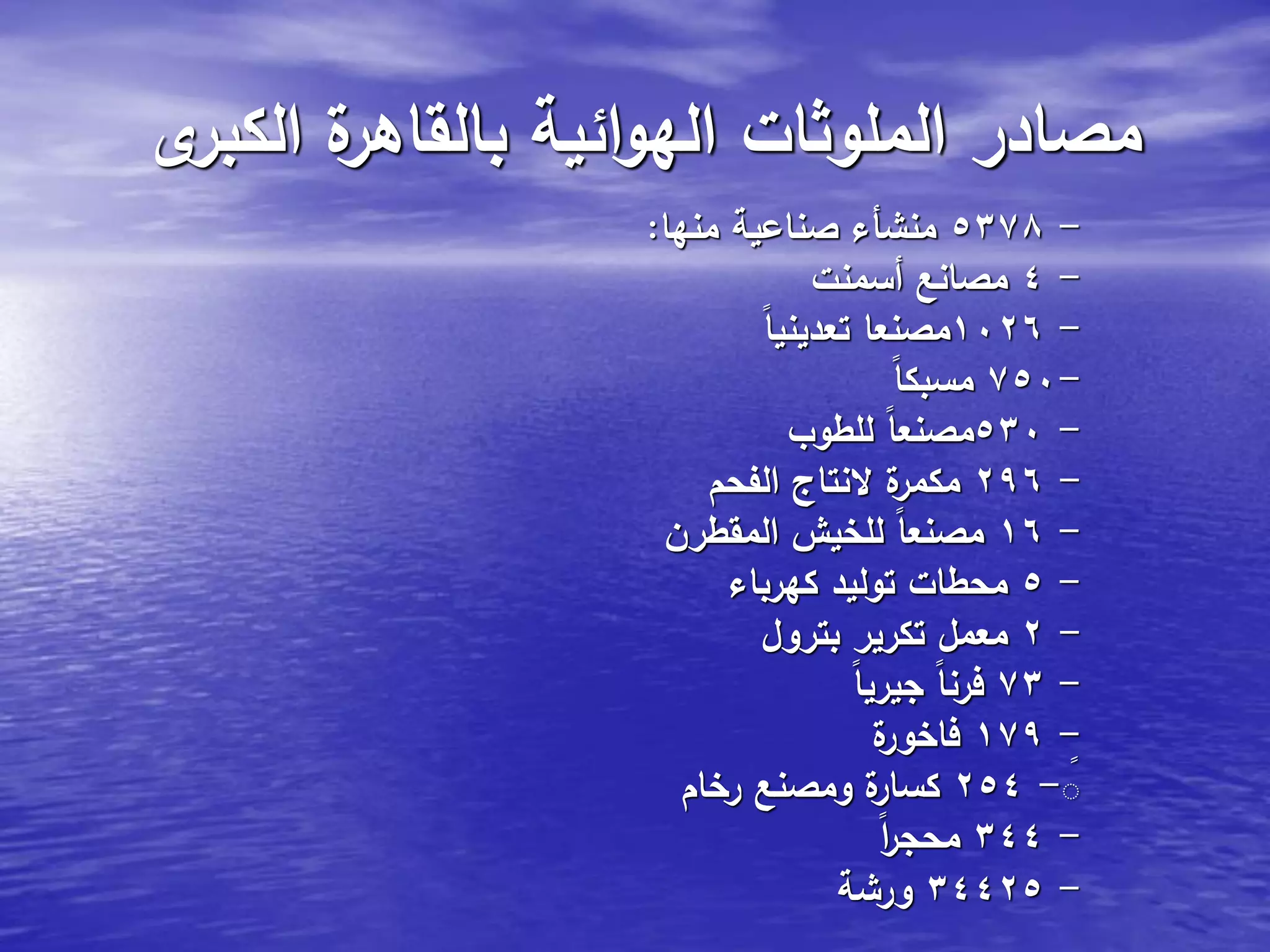 ‫ى‬‫الكبر‬ ‫ة‬‫بالقاهر‬ ‫ائية‬‫و‬‫اله‬ ‫الملوثات‬ ‫مصادر‬
-5378‫منها‬ ‫صناعية‬ ‫منشأء‬:
-4‫أسمنت‬ ‫مصانع‬
-1026ً‫ا‬‫تعديني‬ ‫مصنعا‬
-750ً‫ا‬‫مسبك‬
-530‫للطوب‬ ً‫ا‬‫مصنع‬
-296‫الفحم‬ ‫النتاج‬ ‫ة‬‫مكمر‬
-16‫المقطرن‬ ‫للخيش‬ ً‫ا‬‫مصنع‬
-5‫كهرباء‬ ‫توليد‬ ‫محطات‬
-2‫بترول‬ ‫تكرير‬ ‫معمل‬
-73ً‫ا‬‫جيري‬ ً‫ا‬‫فرن‬
-179‫ة‬‫فاخور‬
ًِ-254‫رخام‬ ‫ومصنع‬ ‫ة‬‫كسار‬
-344ً‫ا‬‫ر‬‫محج‬
-34425‫ورشة‬
 