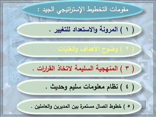 (1)‫للتغيير‬ ‫االستعداد‬‫و‬ ‫المرونة‬.
(2)‫الغايات‬‫و‬ ‫األهداف‬ ‫وضوح‬.
(3)‫ات‬‫ر‬‫ا‬‫ر‬‫الق‬ ‫التخاذ‬ ‫السليمة‬ ‫المنهجية‬.
(4)‫وحديث‬ ‫سليم‬ ‫معلومات‬ ‫نظام‬.
(5)‫المديرين‬ ‫بين‬ ‫ة‬‫مستمر‬ ‫اتصال‬ ‫خطوط‬‫العاملين‬‫و‬.
 