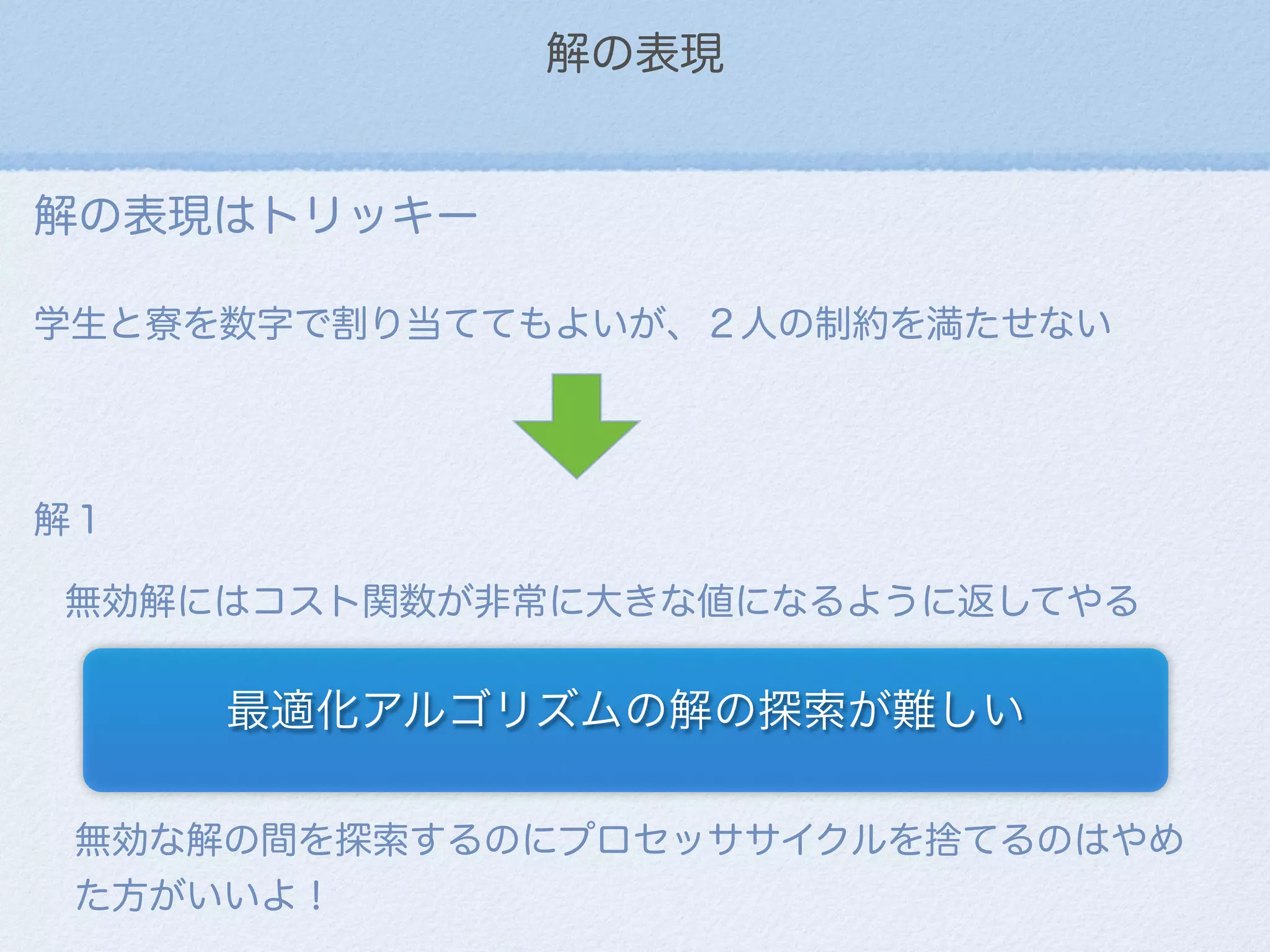 解の表現
解の表現はトリッキー
学生と寮を数字で割り当ててもよいが、２人の制約を満たせない
解１
無効解にはコスト関数が非常に大きな値になるように返してやる
最適化アルゴリズムの解の探索が難しい
無効な解の間を探索するのにプロセッササイクルを捨てるのはやめ
た方がいいよ！
 