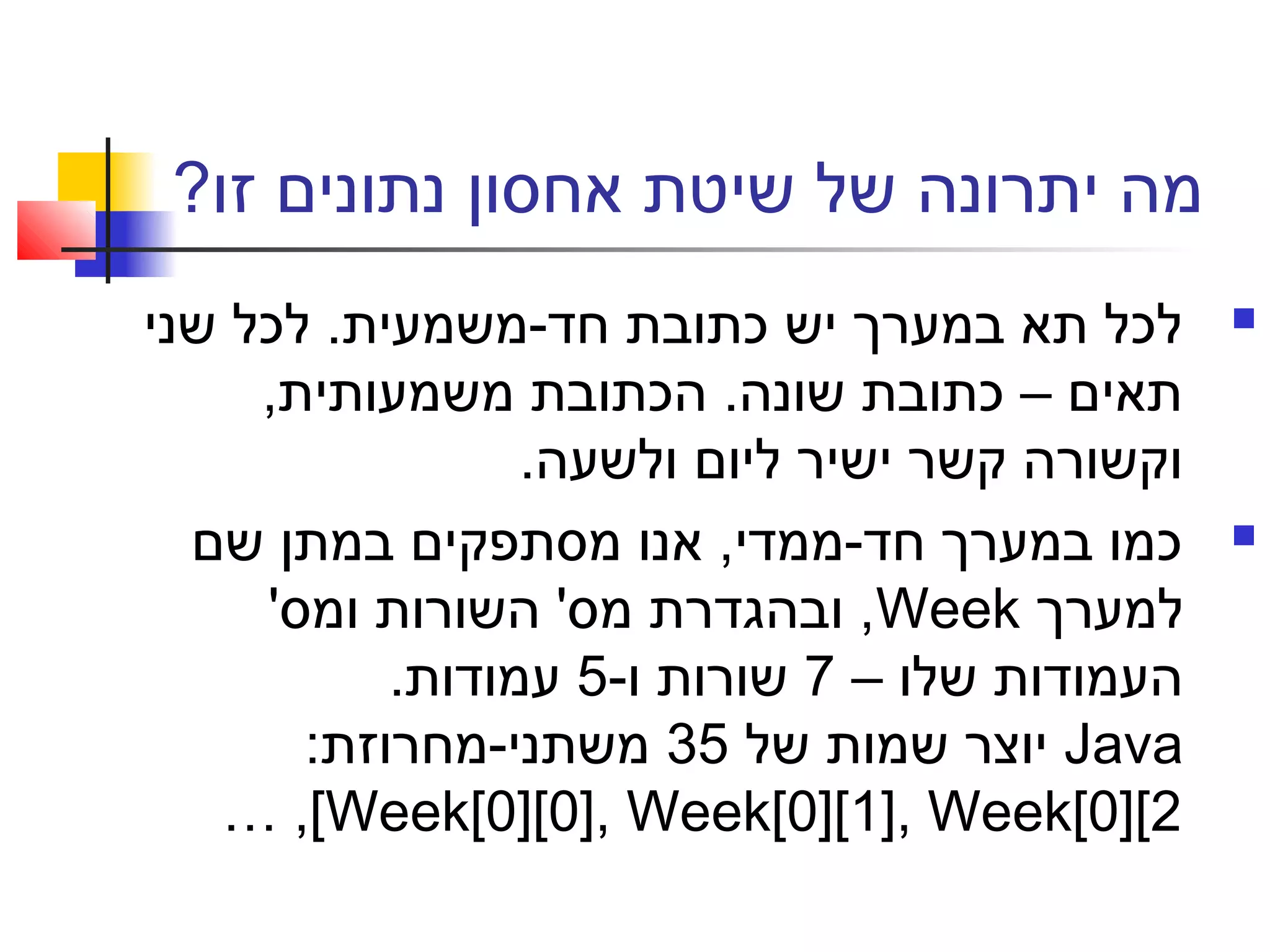 ?‫זו‬ ‫נתונים‬ ‫אחסון‬ ‫שיטת‬ ‫של‬ ‫יתרונה‬ ‫מה‬
‫שני‬ ‫לכל‬ .‫חד-משמעית‬ ‫כתובת‬ ‫יש‬ ‫במערך‬ ‫תא‬ ‫לכל‬
,‫משמעותית‬ ‫הכתובת‬ .‫שונה‬ ‫כתובת‬ – ‫תאים‬
.‫ולשעה‬ ‫ליום‬ ‫ישיר‬ ‫קשר‬ ‫וקשורה‬
‫שם‬ ‫במתן‬ ‫מסתפקים‬ ‫אנו‬ ,‫חד-ממדי‬ ‫במערך‬ ‫כמו‬
‫למערך‬Week'‫ומס‬ ‫השורות‬ '‫מס‬ ‫ובהגדרת‬ ,
– ‫שלו‬ ‫העמודות‬7-‫ו‬ ‫שורות‬5.‫עמודות‬
Java‫של‬ ‫שמות‬ ‫יוצר‬35:‫משתני-מחרוזת‬
Week[0][0], Week[0][1], Week[0][2… ,[
 