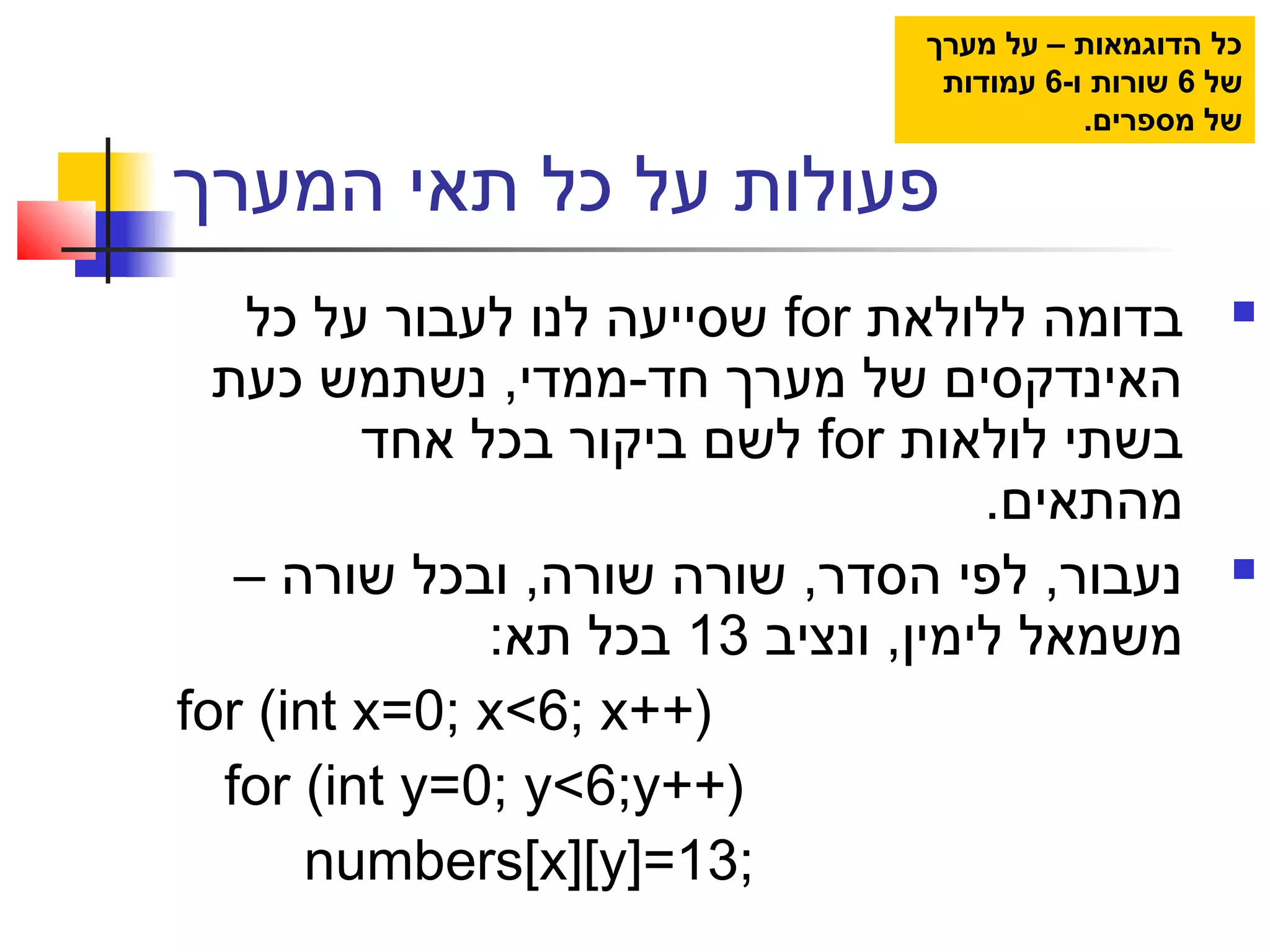 ‫המערך‬ ‫תאי‬ ‫כל‬ ‫על‬ ‫פעולות‬
‫ללולאת‬ ‫בדומה‬for‫כל‬ ‫על‬ ‫לעבור‬ ‫לנו‬ ‫שסייעה‬
‫כעת‬ ‫נשתמש‬ ,‫חד-ממדי‬ ‫מערך‬ ‫של‬ ‫האינדקסים‬
‫לולאות‬ ‫בשתי‬for‫אחד‬ ‫בכל‬ ‫ביקור‬ ‫לשם‬
.‫מהתאים‬
– ‫שורה‬ ‫ובכל‬ ,‫שורה‬ ‫שורה‬ ,‫הסדר‬ ‫לפי‬ ,‫נעבור‬
‫ונציב‬ ,‫לימין‬ ‫משמאל‬13:‫תא‬ ‫בכל‬
for (int x=0; x<6; x++)
for (int y=0; y<6;y++)
numbers[x][y]=13;
‫מערך‬ ‫על‬ – ‫הדוגמאות‬ ‫כל‬
‫של‬6-‫ו‬ ‫שורות‬6‫עמודות‬
.‫מספרים‬ ‫של‬
 