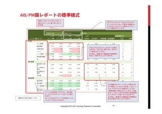 AIS/PM版レポートの標準様式
Copyright 2010-2013 Synergy Research Corporation 14
すべての成果物（プログラム、設計書）
が、ビジネスカテゴリーに従って分類さ
れます。
4レベルあるカテゴリーの任意のレベル
でレポートが出力できます。
提供いただいた11月と12月、2
期分のリリースに基づきレポート
を作成
JSP(Java Server Pages)とJavaとい
う二つのプログラミング言語で開発され
たプログラムのステップ数がカテゴリー
ごとに報告されています。
どのビジネスカテゴリーのステップ数が
上位5位、下位5位に属するか、色分け
して表示されています。
その他に、複雑性や機能量の指標値を
合計して表示することができます。
どの機能カテゴリーでステップ数がどれ
だけ増加しているか（出来高）、またソー
スコードがどれだけ改修されているか
（移動距離）が表示されています。％表
示は、11月と12月の出来高と移動距離
の11月ステップ数に対する比率です。
その他に、複雑性や機能量の指標値の
変化を表示することができます。
最新版の出力形式とは異なっています。
 