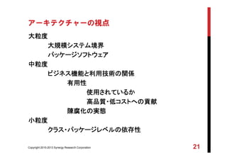 Copyright 2010-2013 Synergy Research Corporation 21
アーキテクチャーの視点
大粒度
大規模システム境界
パッケージソフトウェア
中粒度
ビジネス機能と利用技術の関係
有用性
使用されているか
高品質・低コストへの貢献
陳腐化の実態
小粒度
クラス・パッケージレベルの依存性
 
