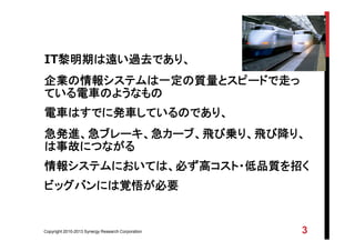Copyright 2010-2013 Synergy Research Corporation 3
IT黎明期は遠い過去であり、
企業の情報システムは一定の質量とスピードで走っ
ている電車のようなもの
電車はすでに発車しているのであり、
急発進、急ブレーキ、急カーブ、飛び乗り、飛び降り、
は事故につながる
情報システムにおいては、必ず高コスト・低品質を招く
ビッグバンには覚悟が必要
 