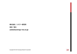 株式会社 シナジー研究所
依田 智夫
yoda@synergy-res.co.jp
Copyright 2010-2013 Synergy Research Corporation
31
 