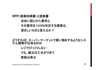 Copyright 2010-2013 Synergy Research Corporation 5
RFP（提案依頼書）と提案書
自由に語られた要求と、
その要求を１００％充足する提案は、
望ましいものと言えるか？
どうすれば、スーパーマーケットで買い物をするようなシス
テム開発が出来るのか
レジでびっくりしない
でも、献立の工夫ができて
家族は幸せ
 