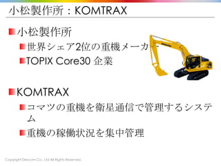 Copyright Drecom Co., Ltd All Rights Reserved.
小松製作所：KOMTRAX
小松製作所
世界シェア2位の重機メーカー
TOPIX Core30 企業
KOMTRAX
コマツの重機を衛星通信で管理するシステ
ム
重機の稼働状況を集中管理
 