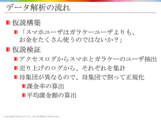 Copyright Drecom Co., Ltd All Rights Reserved.
データ解析の流れ
仮説構築
「スマホユーザはガラケーユーザよりも、
お金をたくさん使うのではないか？」
仮説検証
アクセスログからスマホとガラケーのユーザ抽出
売り上げのログから、それぞれを集計
母集団が異なるので、母集団で割って正規化
課金率の算出
平均課金額の算出
 
